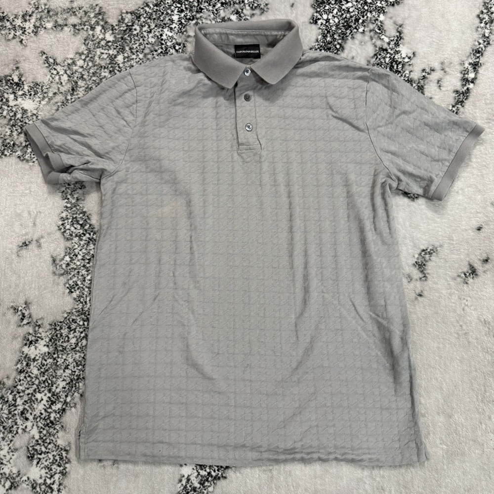 Emporio Armani Mens Sz L Gray Textured Jaquard Polo Shirt 100% Cotton Geometric